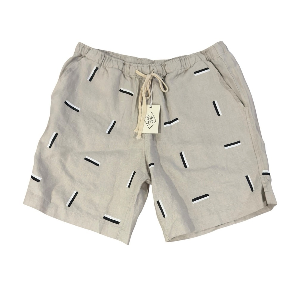 Alex Crane NEW Men's Large Beige Geometric Linen Drawstring "Bo" 7" Chino Shorts